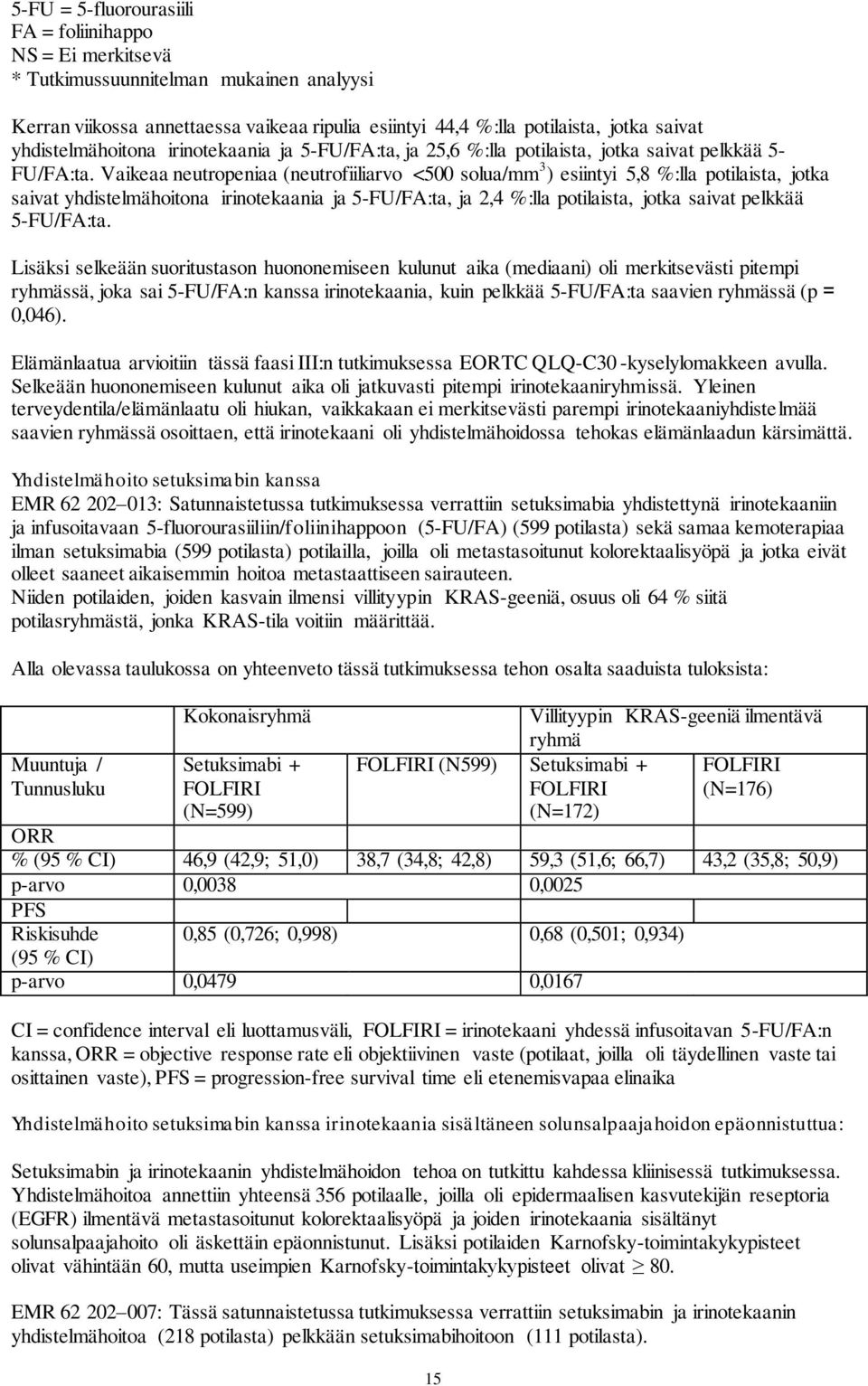 Vaikeaa neutropeniaa (neutrofiiliarvo <500 solua/mm 3 ) esiintyi 5,8 %:lla potilaista, jotka saivat yhdistelmähoitona irinotekaania ja 5-FU/FA:ta, ja 2,4 %:lla potilaista, jotka saivat pelkkää