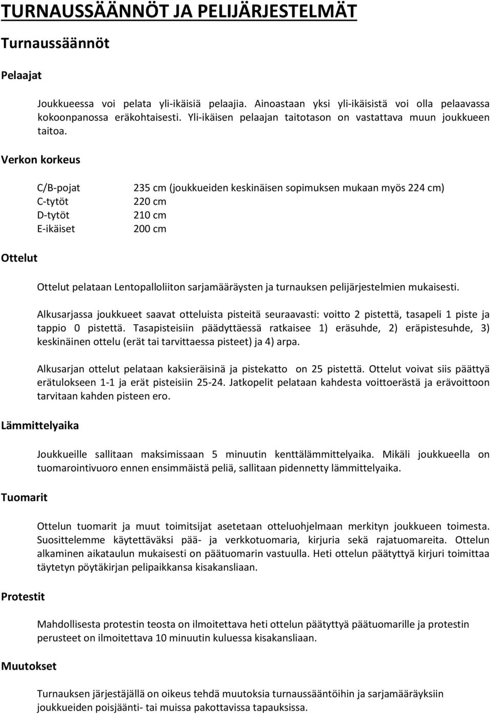 Verkon korkeus C/B-pojat C-tytöt D-tytöt E-ikäiset 235 cm (joukkueiden keskinäisen sopimuksen mukaan myös 224 cm) 220 cm 210 cm 200 cm Ottelut Ottelut pelataan Lentopalloliiton sarjamääräysten ja