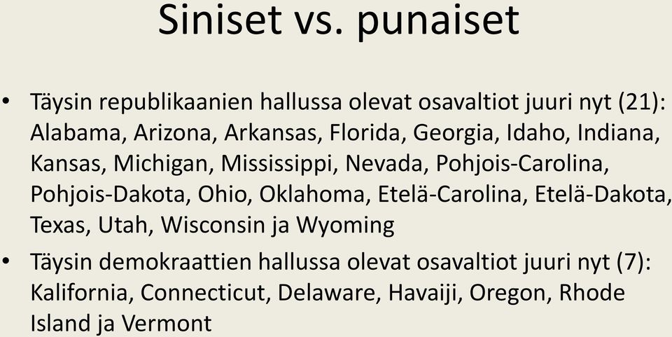 Florida, Georgia, Idaho, Indiana, Kansas, Michigan, Mississippi, Nevada, Pohjois-Carolina, Pohjois-Dakota,