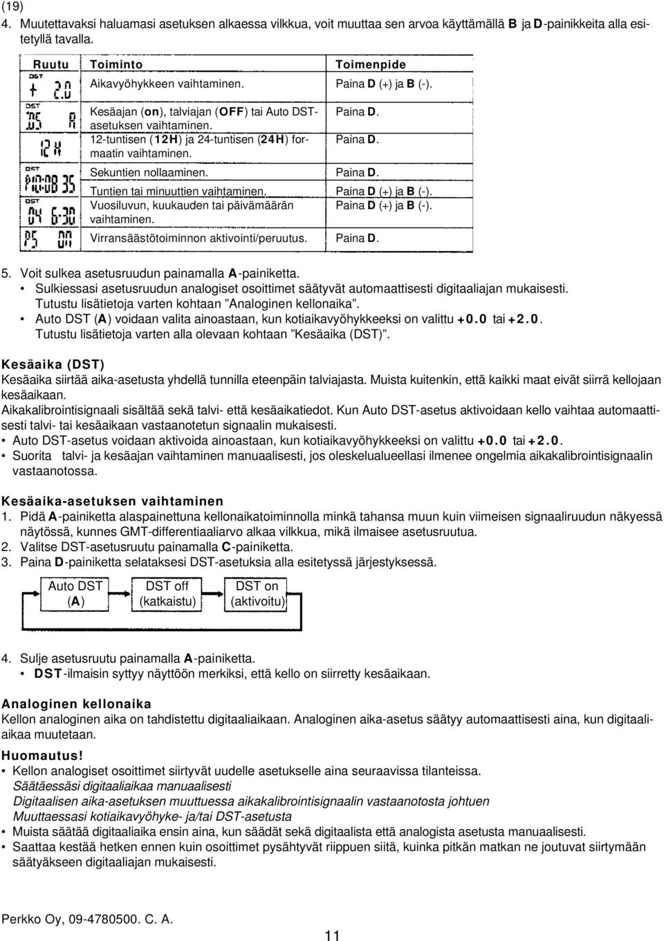 Paina D. Tuntien tai minuuttien vaihtaminen. Paina D (+) ja B (-). Vuosiluvun, kuukauden tai päivämäärän Paina D (+) ja B (-). vaihtaminen. Virransäästötoiminnon aktivointi/peruutus. Paina D. 5.