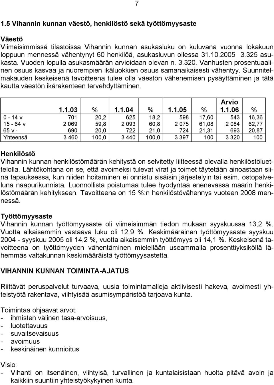 Suunnitelmakauden keskeisenä tavoitteena tulee olla väestön vähenemisen pysäyttäminen ja tätä kautta väestön ikärakenteen tervehdyttäminen. 0-14