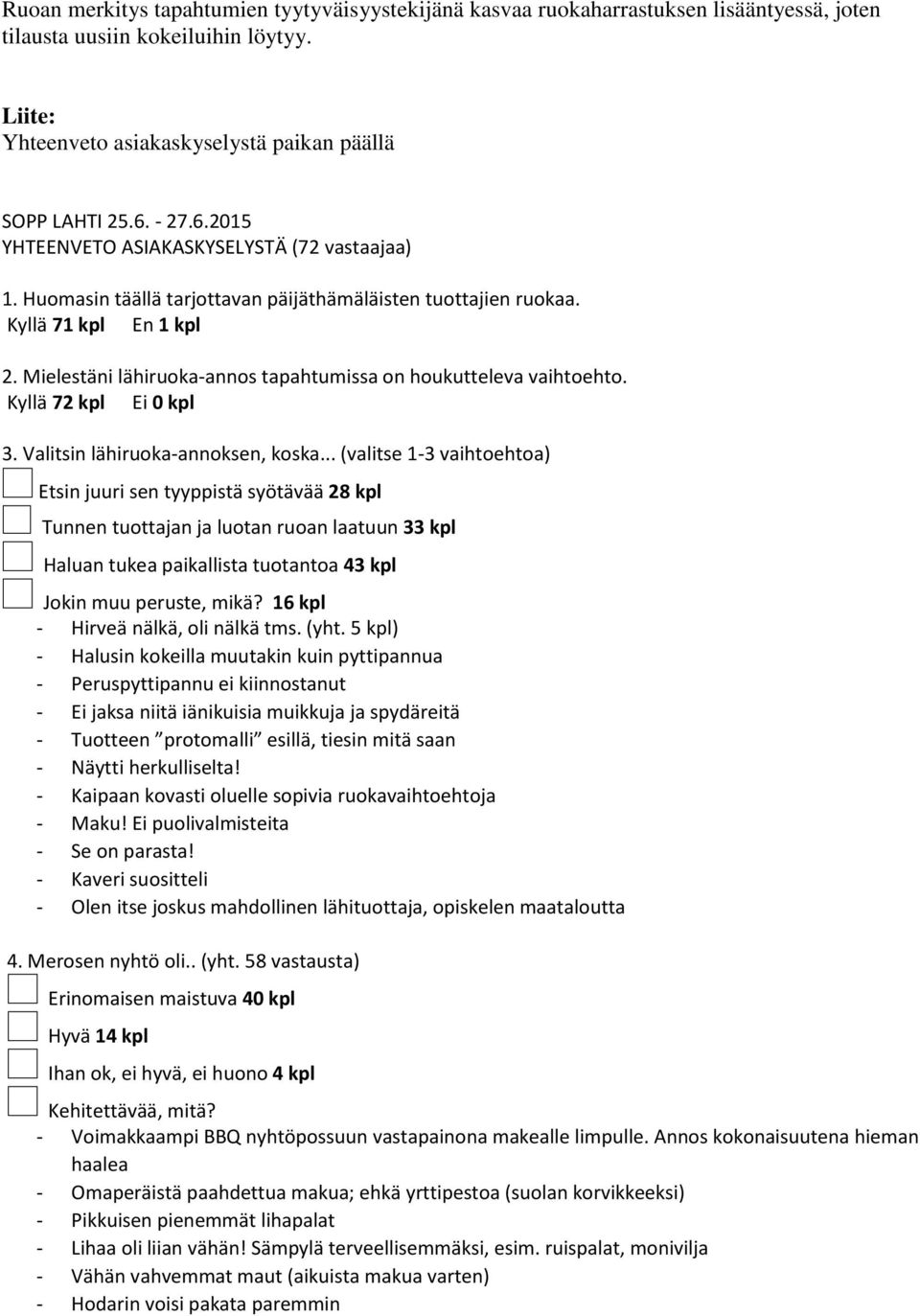 Mielestäni lähiruoka-annos tapahtumissa on houkutteleva vaihtoehto. Kyllä 72 kpl Ei 0 kpl 3. Valitsin lähiruoka-annoksen, koska.