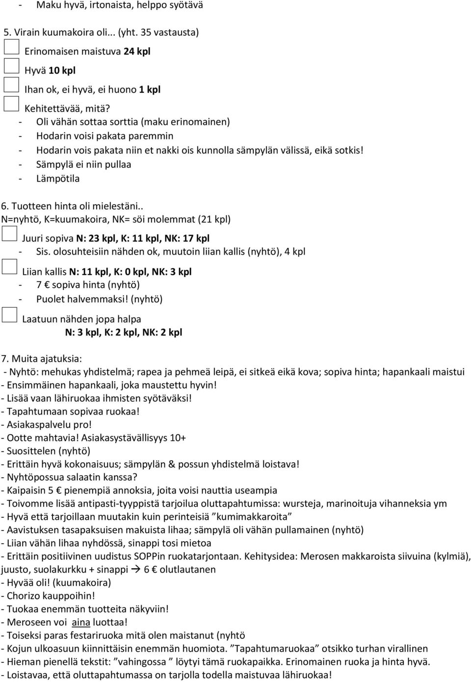 Tuotteen hinta oli mielestäni.. N=nyhtö, K=kuumakoira, NK= söi molemmat (21 kpl) Juuri sopiva N: 23 kpl, K: 11 kpl, NK: 17 kpl - Sis.