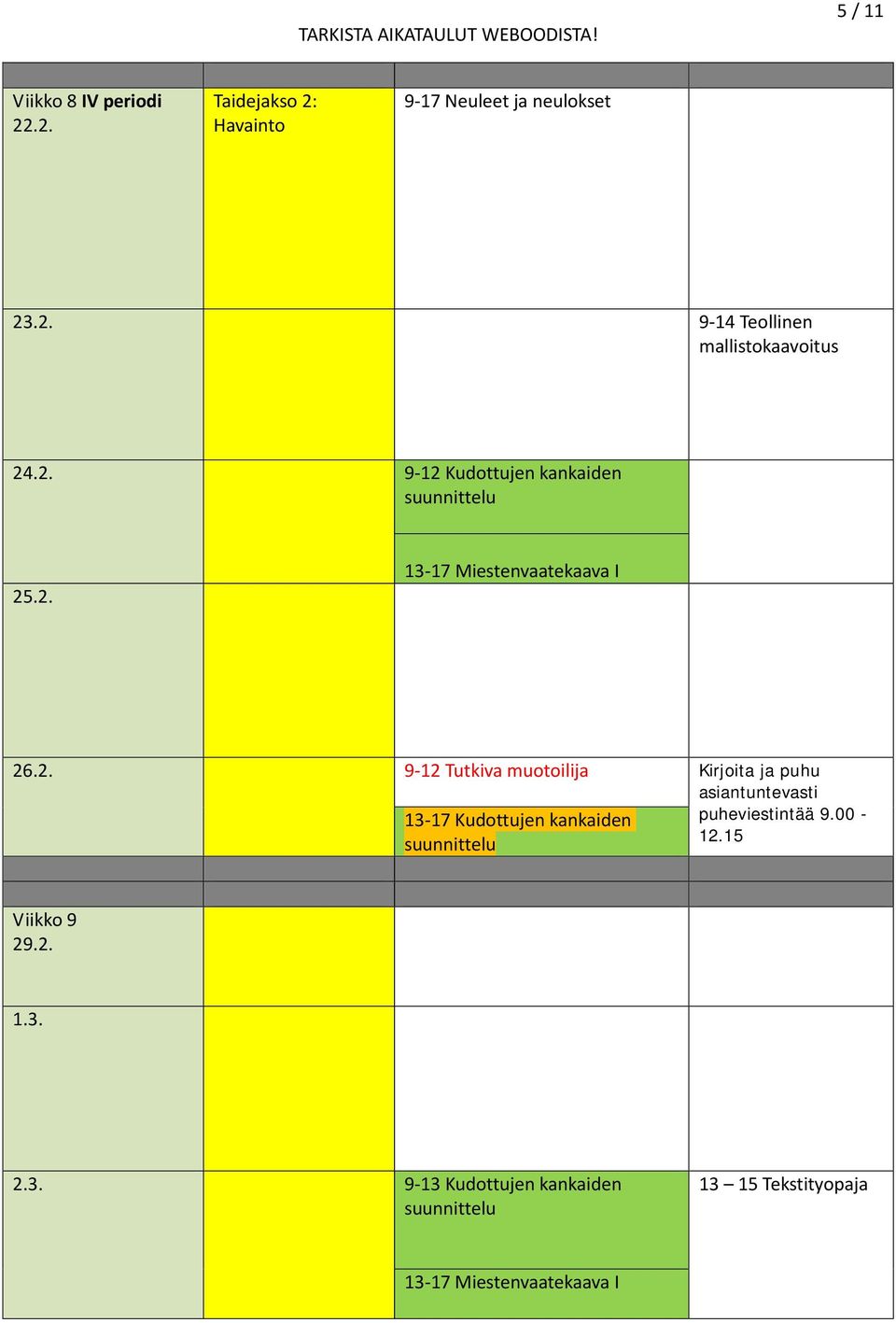 2. 9-12 Kudottujen kankaiden 25.2. 26.2. 9-12 Tutkiva muotoilija Kirjoita ja puhu puheviestintää 9.