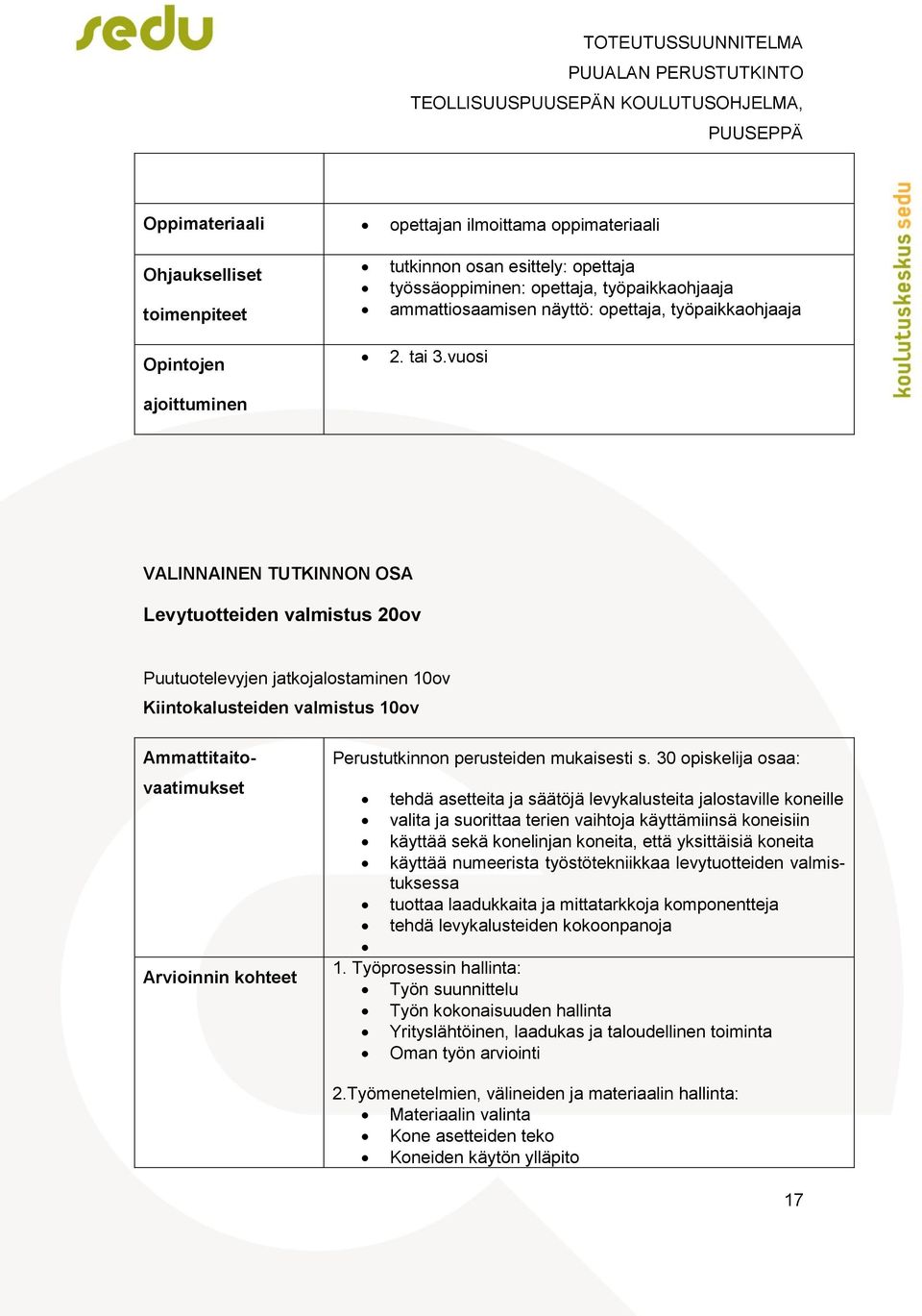 vuosi VALINNAINEN TUTKINNON OSA Levytuotteiden valmistus 20ov Puutuotelevyjen jatkojalostaminen Kiintokalusteiden valmistus Ammattitaitovaatimukset Arvioinnin kohteet Perustutkinnon perusteiden