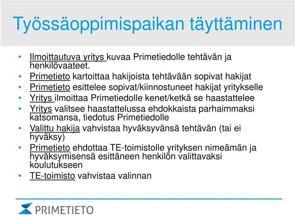 Primetiedolle kenet/ketkä se haastattelee Yritys valitsee haastattelussa ehdokkaista parhaimmaksi katsomansa, tiedotus Primetiedolle Valittu