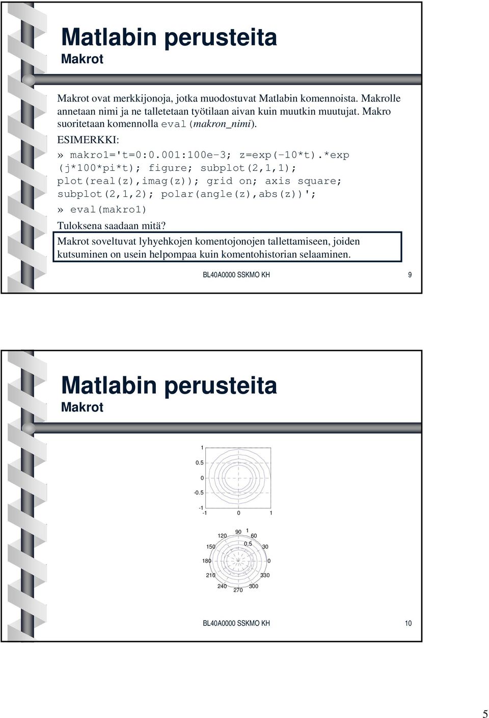 *exp (j*100*pi*t); figure; subplot(2,1,1); plot(real(z),imag(z)); grid on; axis square; subplot(2,1,2); polar(angle(z),abs(z))';» eval(makro1) Tuloksena saadaan mitä?
