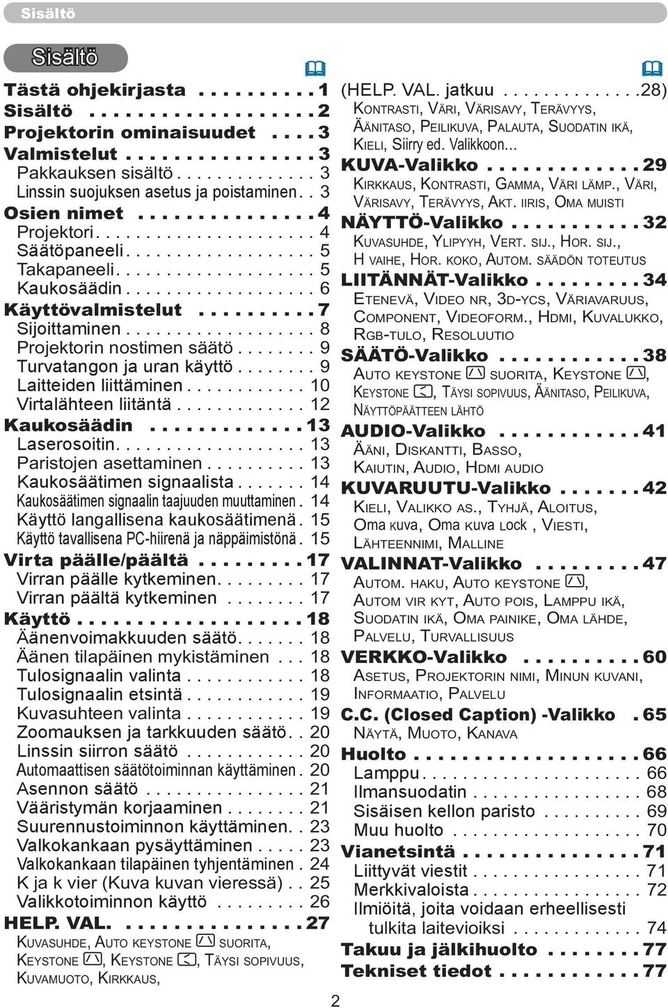 ..10 Virtalähteen liitäntä...12 Kaukosäädin.... 13 Laserosoitin...13 Paristojen asettaminen...13 Kaukosäätimen signaalista...14 Kaukosäätimen signaalin taajuuden muuttaminen.