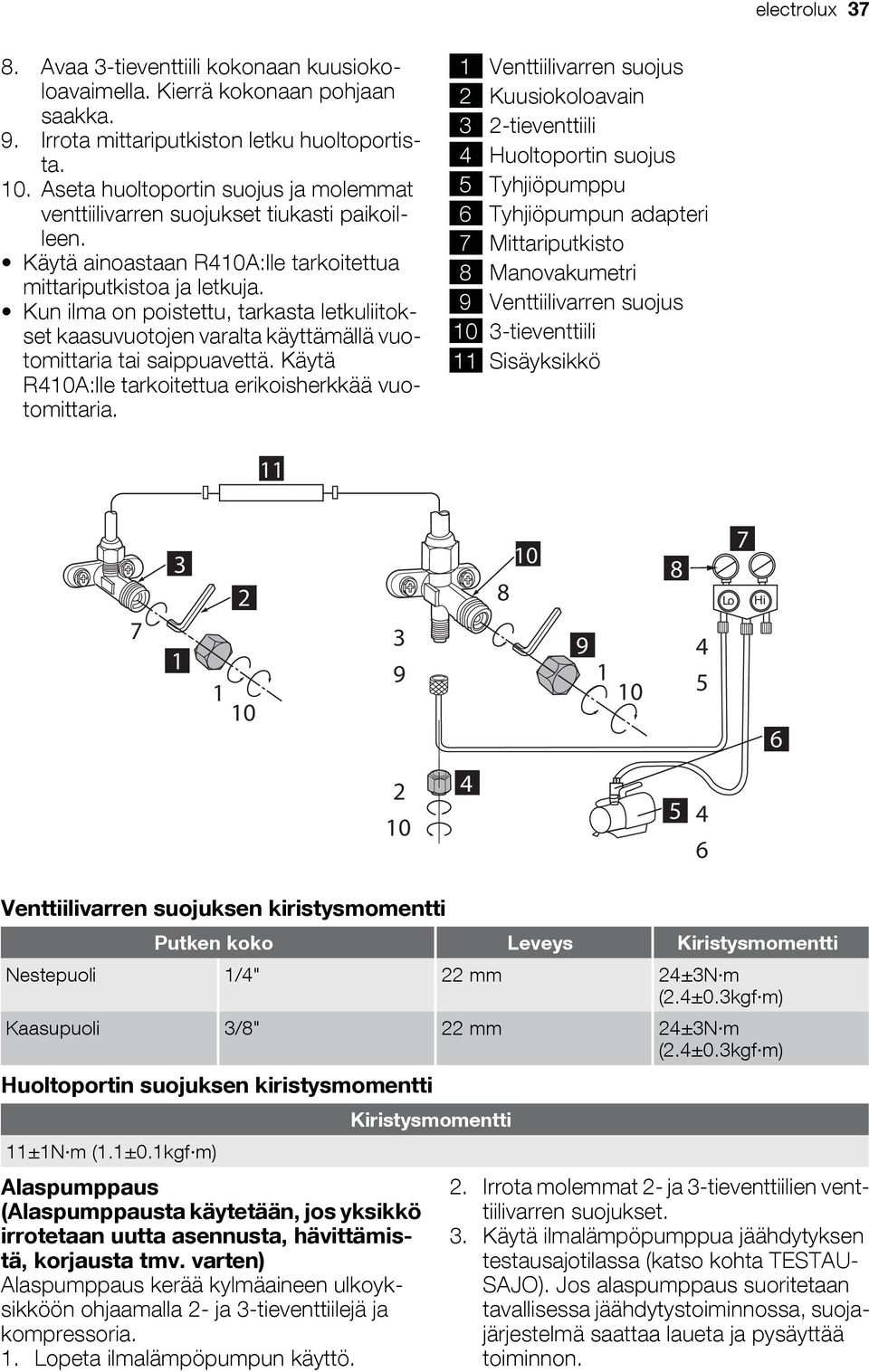 Kun ilma on poistettu, tarkasta letkuliitokset kaasuvuotojen varalta käyttämällä vuotomittaria tai saippuavettä. Käytä R0A:lle tarkoitettua erikoisherkkää vuotomittaria.