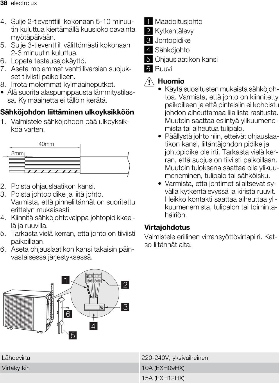 Sähköjohdon liittäminen ulkoyksikköön. Valmistele sähköjohdon pää ulkoyksikköä varten. 8mm 0mm. Poista ohjauslaatikon kansi.. Poista johtopidike ja liitä johto.