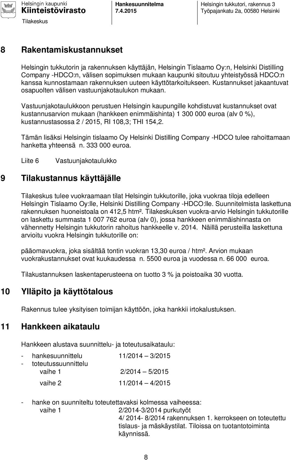 -HDCO:n, välisen sopimuksen mukaan kaupunki sitoutuu yhteistyössä HDCO:n kanssa kunnostamaan rakennuksen uuteen käyttötarkoitukseen.