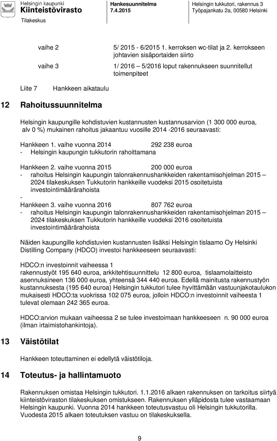 kustannusarvion (1 300 000 euroa, alv 0 %) mukainen rahoitus jakaantuu vuosille 2014-2016 seuraavasti: Hankkeen 1.