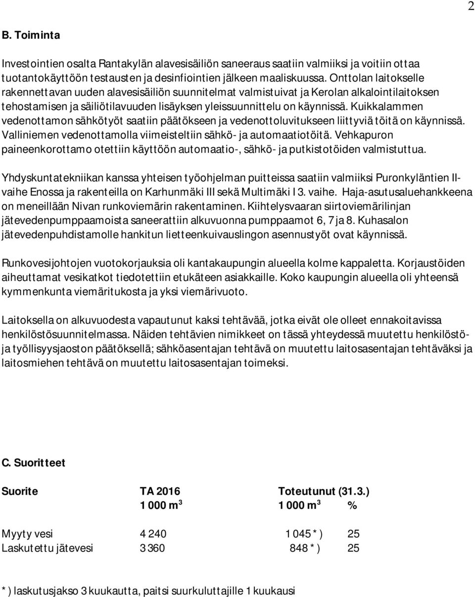 Kuikkalammen vedenottamon sähkötyöt saatiin päätökseen ja vedenottoluvitukseen liittyviä töitä on käynnissä. Valliniemen vedenottamolla viimeisteltiin sähkö- ja automaatiotöitä.