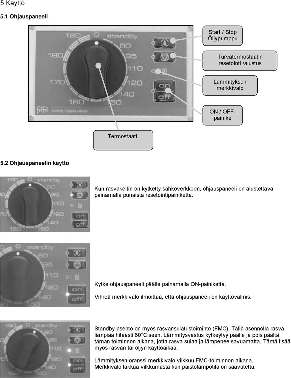 Vihreä merkkivalo ilmoittaa, että ohjauspaneeli on käyttövalmis. Standby-asento on myös rasvansulatustoiminto (FMC). Tällä asennolla rasva lämpiää hitaasti 60 C:seen.
