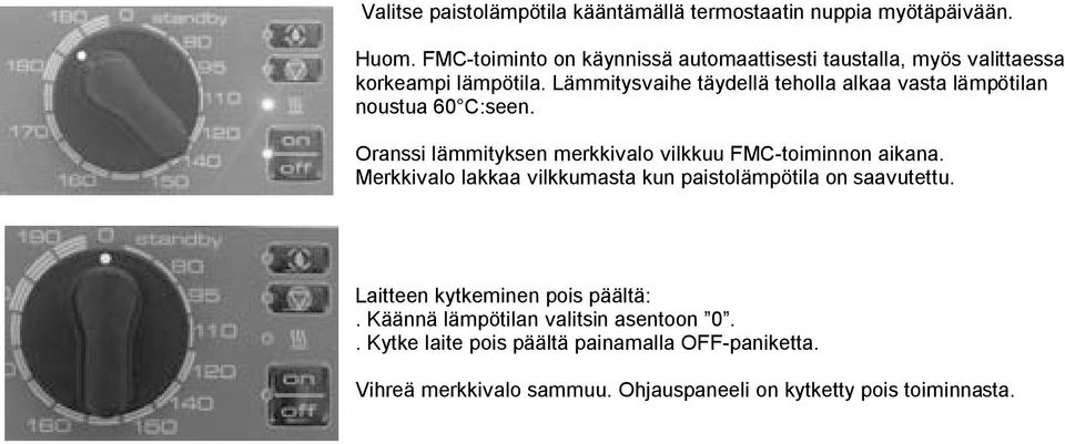 Lämmitysvaihe täydellä teholla alkaa vasta lämpötilan noustua 60 C:seen. Oranssi lämmityksen merkkivalo vilkkuu FMC-toiminnon aikana.