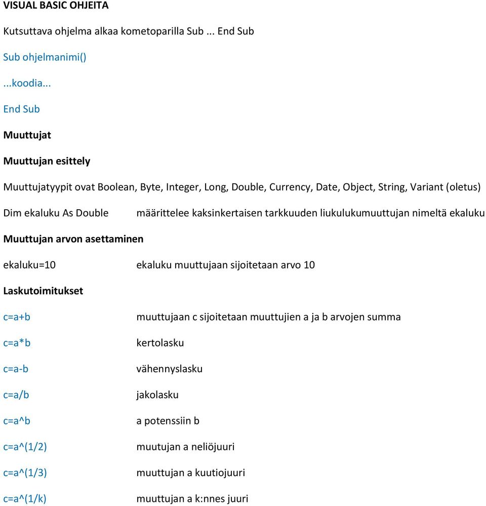 määrittelee kaksinkertaisen tarkkuuden liukulukumuuttujan nimeltä ekaluku Muuttujan arvon asettaminen ekaluku=10 ekaluku muuttujaan sijoitetaan arvo 10 Laskutoimitukset