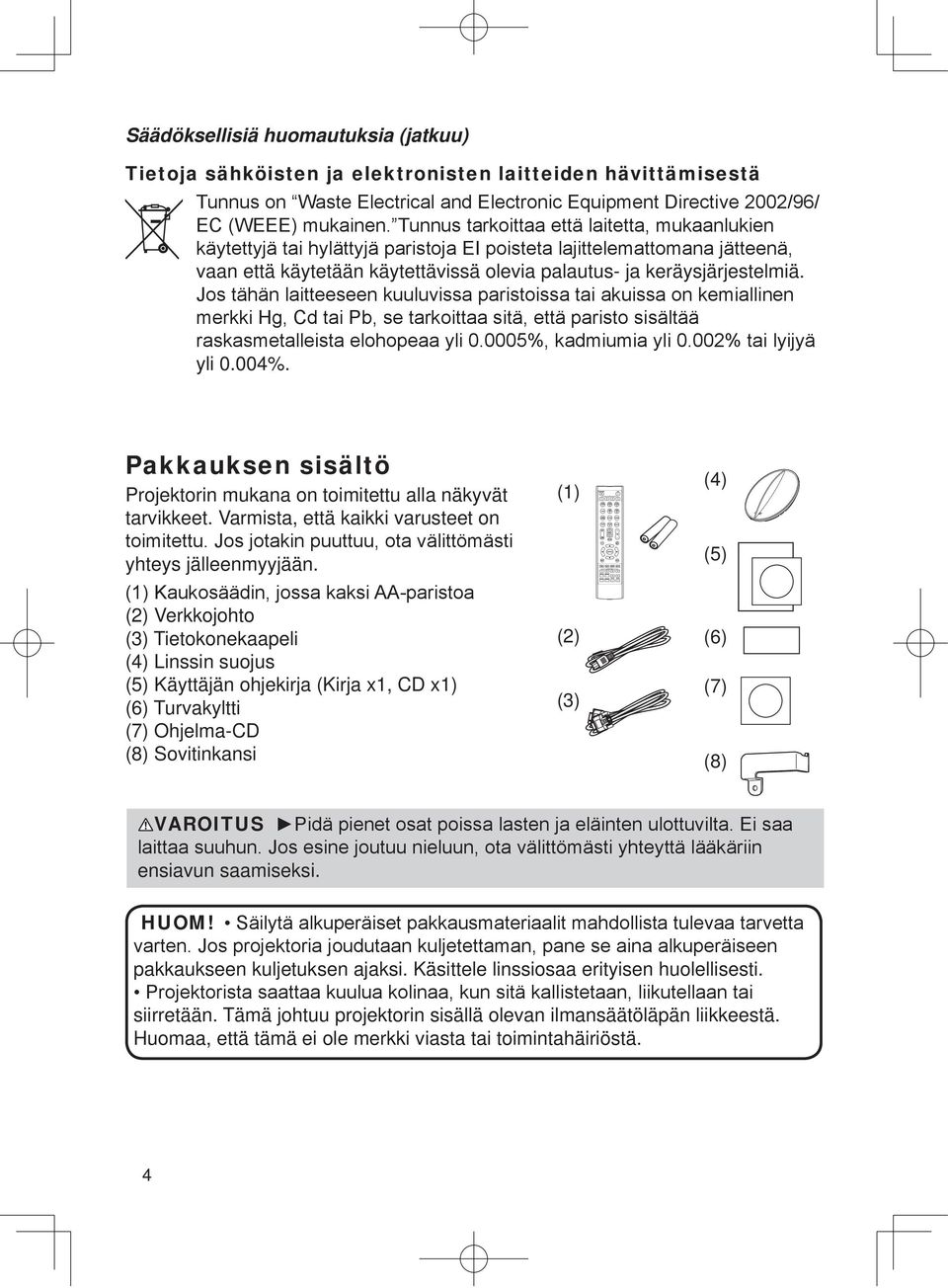 (2) Verkkojohto (3) Tietokonekaapeli (4) Linssin suojus (5) Käyttäjän ohjekirja (Kirja x1, CD x1) (6) Turvakyltti (7) Ohjelma-CD (8) Sovitinkansi (1) (2) (3) (4) (5) (6) (7) (8) VAROITUS