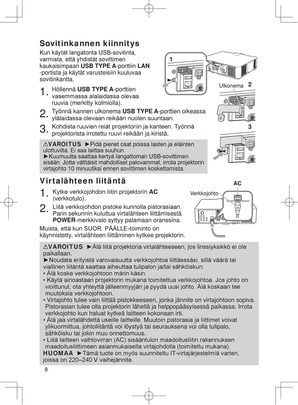 AC (verkkotulo). 2. Parin sekunnin kuluttua virtalähteen liittämisestä POWER-merkkivalo syttyy palamaan oranssina. käynnistetty, virtalähteen liittäminen kytkee projektorin. VAROITUS paikallaan.