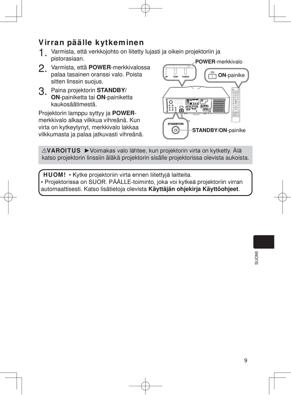 Paina projektorin STANDBY/ ON-painiketta tai ON-painiketta kaukosäätimestä. Projektorin lamppu syttyy ja POWERmerkkivalo alkaa vilkkua vihreänä.