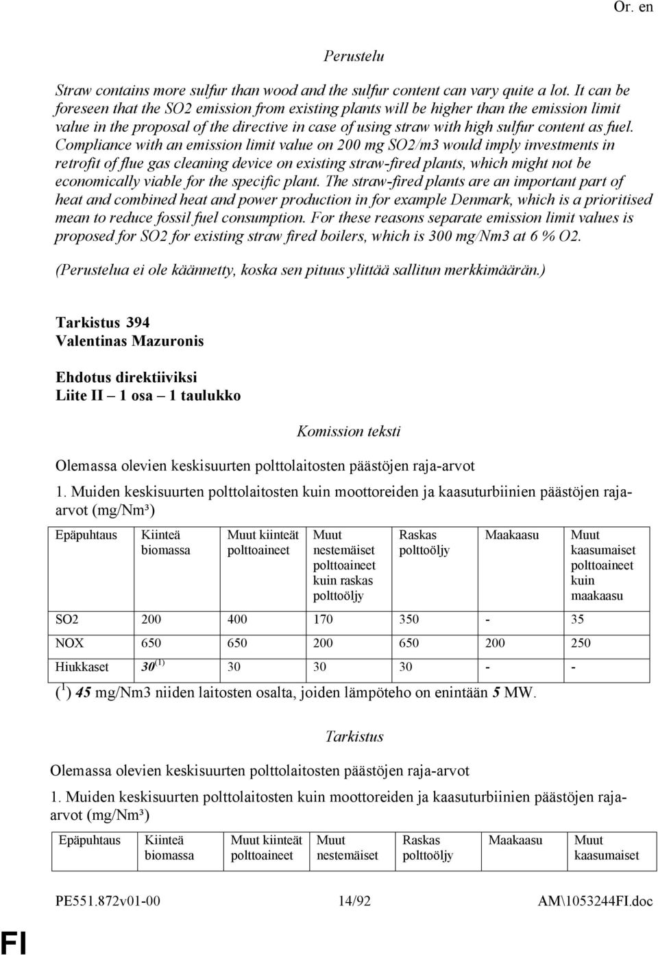 Compliance with an emission limit value on 200 mg SO2/m3 would imply investments in retrofit of flue gas cleaning device on existing straw-fired plants, which might not be economically viable for the