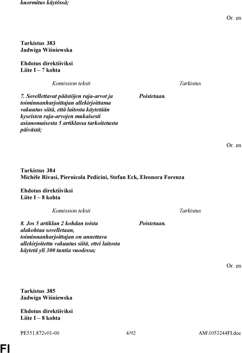 asianomaisesta 5 artiklassa tarkoitetusta päivästä; Poistetaan. 384 Michèle Rivasi, Piernicola Pedicini, Stefan Eck, Eleonora Forenza Liite I 8 kohta 8.