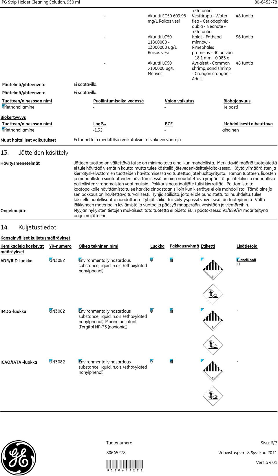 083 g Äyriäiset - Common shrimp, sand shrimp - Crangon crangon - Adult Tuotteen/ainesosan nimi Puoliintumisaika vedessä Valon vaikutus Biohajoavuus Triethanol amine - - Helposti Biokertyvyys