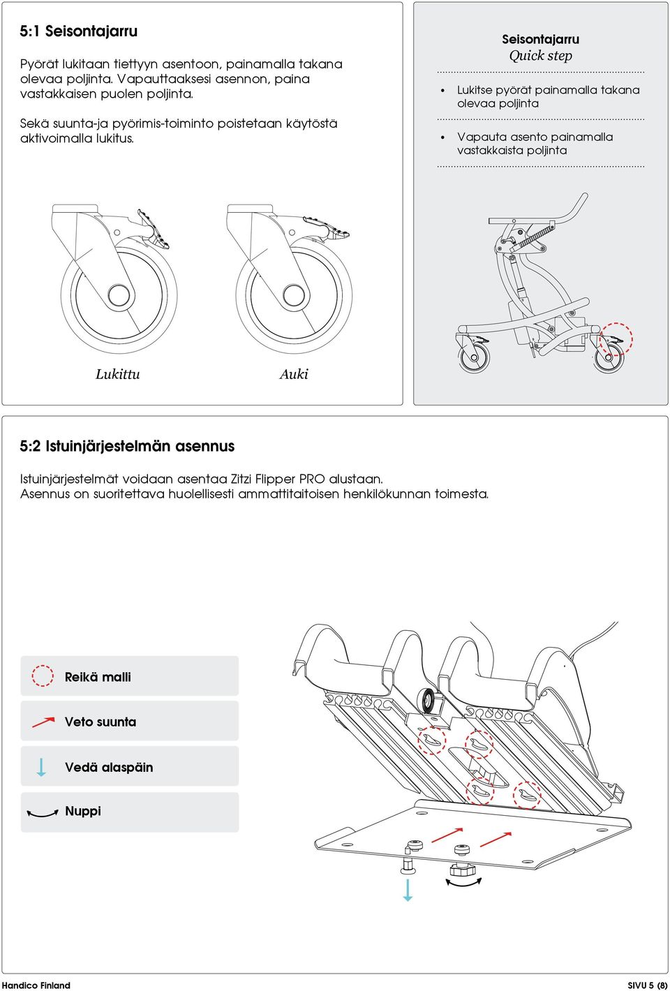 Lukittu Quick step Lukitse pyörät painamalla takana olevaa poljinta Vapauta asento painamalla vastakkaista poljinta Auki 5:2 Istuinjärjestelmän