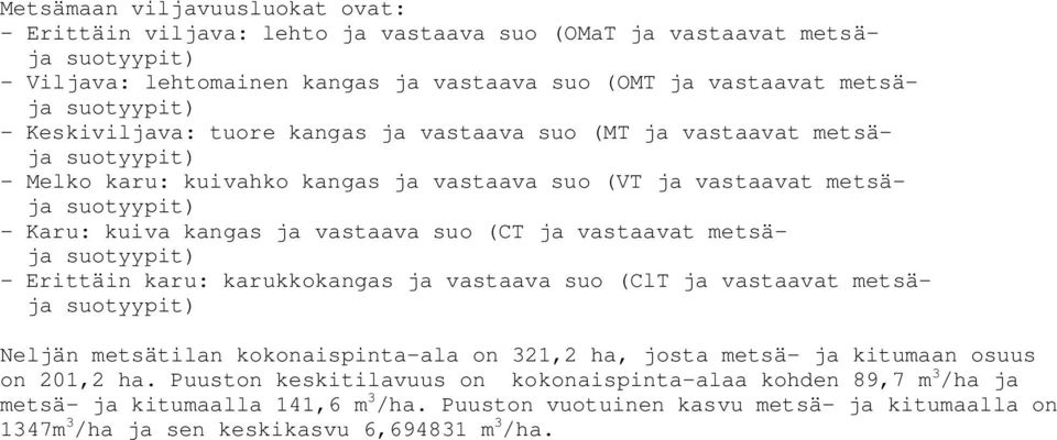 (CT ja vastaavat metsäja suotyypit) - Erittäin karu: karukkokangas ja vastaava suo (ClT ja vastaavat metsäja suotyypit) Neljän metsätilan kokonaispinta-ala on 321,2 ha, josta metsä- ja kitumaan osuus