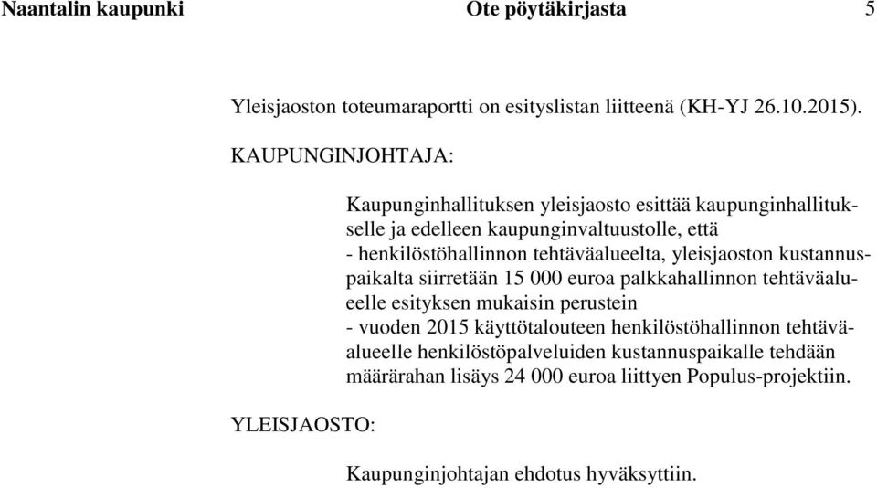 henkilöstöhallinnon tehtäväalueelta, yleisjaoston kustannuspaikalta siirretään 15 000 euroa palkkahallinnon tehtäväalueelle esityksen mukaisin perustein -