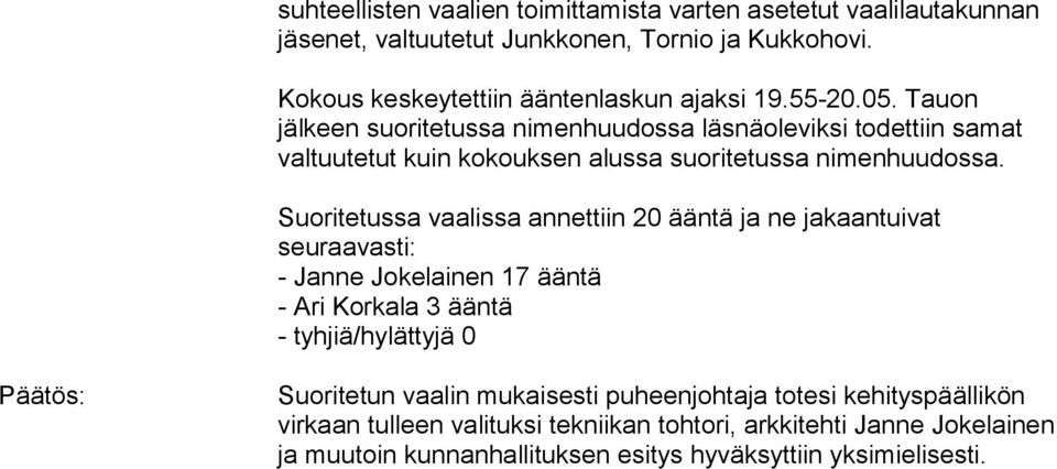 Tauon jälkeen suoritetussa nimenhuudossa läsnäoleviksi todettiin samat valtuutetut kuin kokouksen alussa suoritetussa nimenhuudossa.