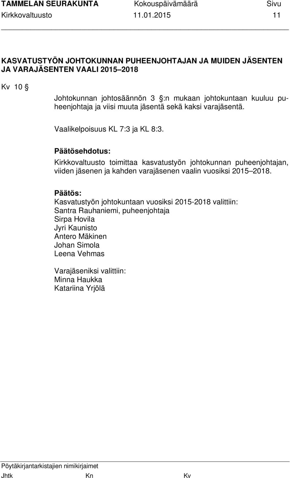 kuuluu puheenjohtaja ja viisi muuta jäsentä sekä kaksi varajäsentä. Vaalikelpoisuus KL 7:3 ja KL 8:3.