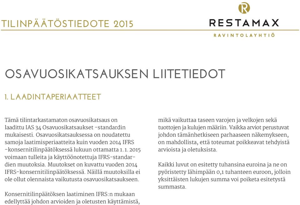 Muutokset on kuvattu vuoden 2014 IFRS-konsernitilinpäätöksessä. Näillä muutoksilla ei ole ollut olennaista vaikutusta osavuosikatsaukseen.