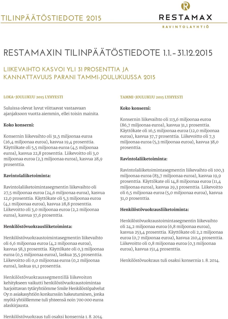 ajanjaksoon vuotta aiemmin, ellei toisin mainita. Koko konserni: Konsernin liikevaihto oli 31,5 miljoonaa euroa (26,4 miljoonaa euroa), kasvua 19,4 prosenttia.