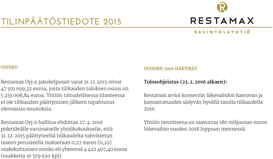 2016 pidettävälle varsinaiselle yhtiökokoukselle, että 31. 12.