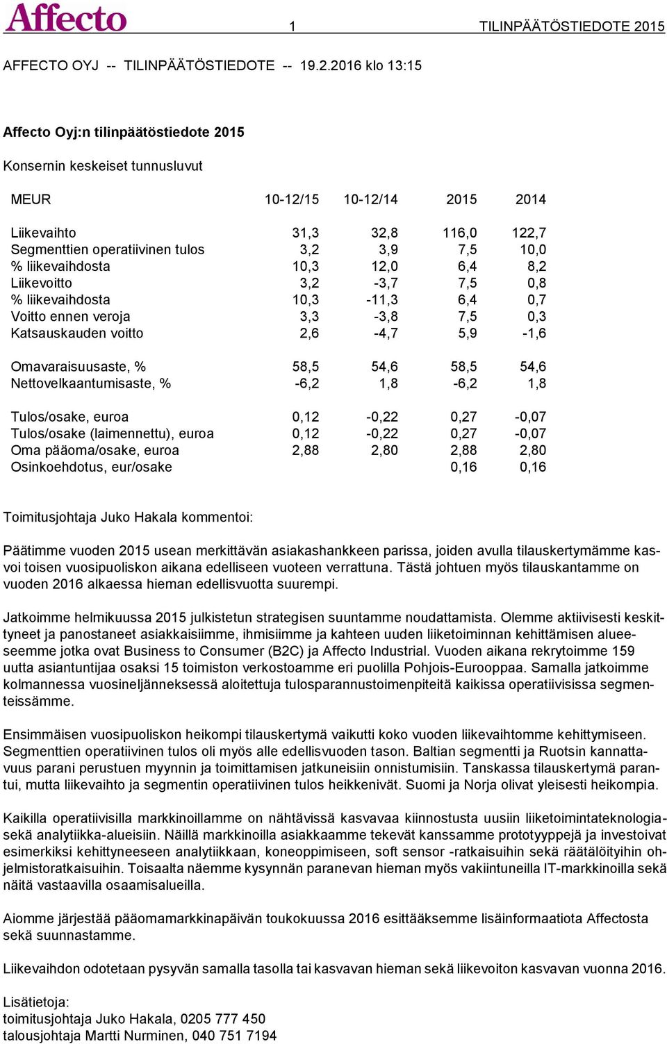 2016 klo 13:15 Affecto Oyj:n tilinpäätöstiedote 2015 Konsernin keskeiset tunnusluvut MEUR 10-12/15 10-12/14 2015 2014 Liikevaihto 31,3 32,8 116,0 122,7 Segmenttien operatiivinen tulos 3,2 3,9 7,5