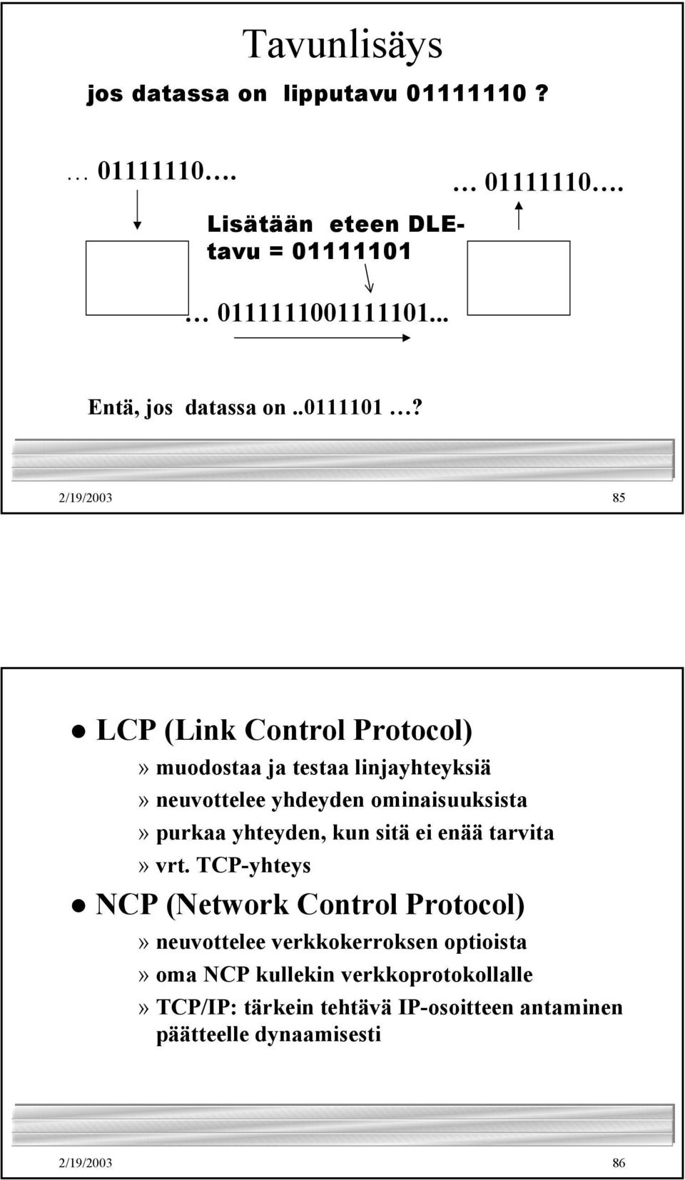 2/19/2003 85 LCP (Link Control Protocol)» muodostaa ja testaa linjayhteyksiä» neuvottelee yhdeyden ominaisuuksista» purkaa