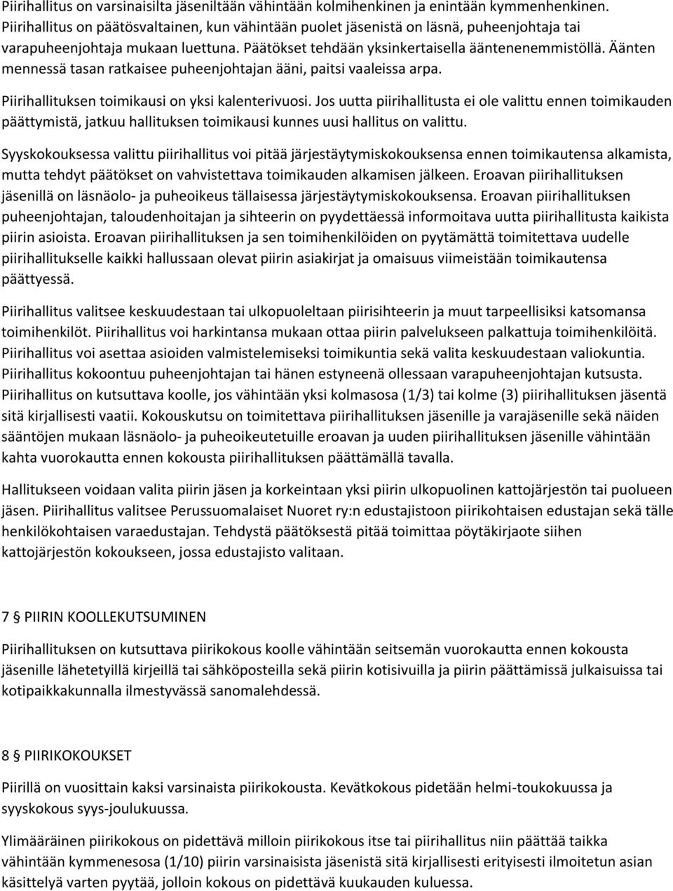 Äänten mennessä tasan ratkaisee puheenjohtajan ääni, paitsi vaaleissa arpa. Piirihallituksen toimikausi on yksi kalenterivuosi.