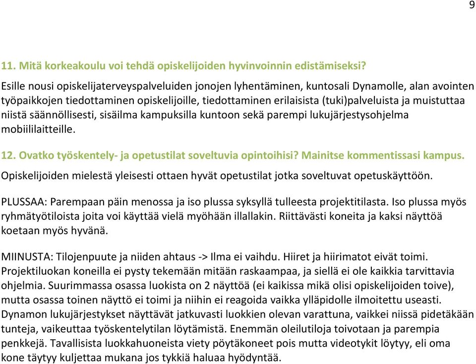 niistä säännöllisesti, sisäilma kampuksilla kuntoon sekä parempi lukujärjestysohjelma mobiililaitteille. 12. Ovatko työskentely- ja opetustilat soveltuvia opintoihisi? Mainitse kommentissasi kampus.