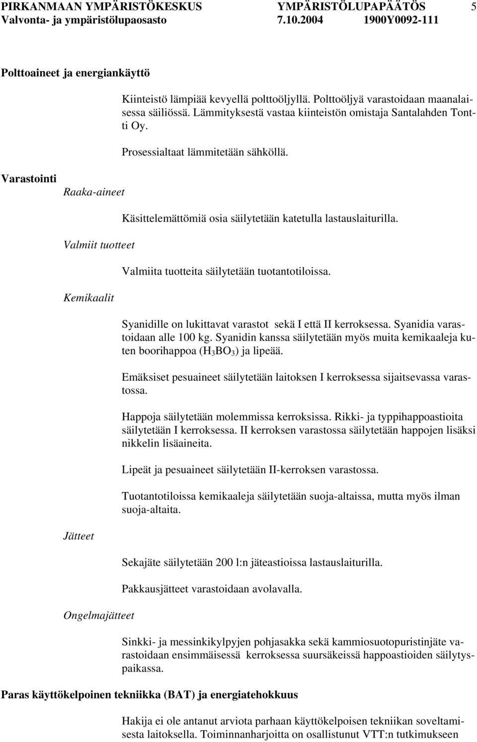 Valmiita tuotteita säilytetään tuotantotiloissa. Syanidille on lukittavat varastot sekä I että II kerroksessa. Syanidia varastoidaan alle 100 kg.