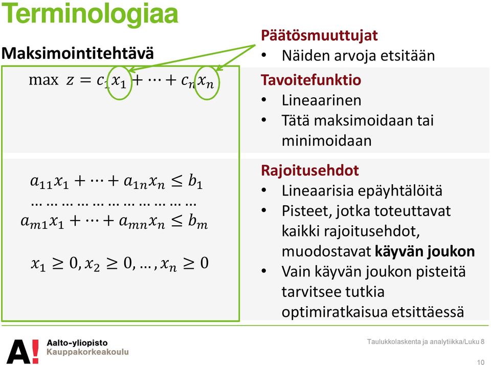 Rajoitusehdot Lineaarisia epäyhtälöitä Pisteet, jotka toteuttavat kaikki rajoitusehdot,