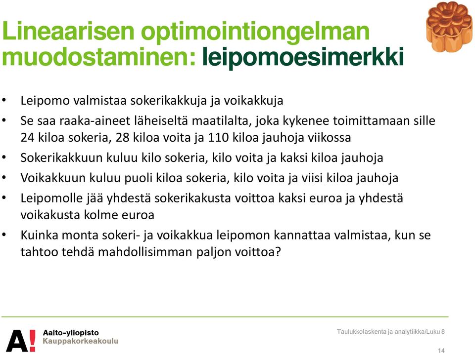 voita ja kaksi kiloa jauhoja Voikakkuun kuluu puoli kiloa sokeria, kilo voita ja viisi kiloa jauhoja Leipomolle jää yhdestä sokerikakusta voittoa