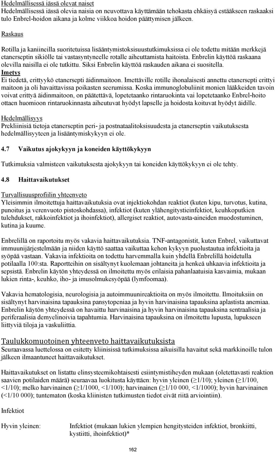 Enbrelin käyttöä raskaana olevilla naisilla ei ole tutkittu. Siksi Enbrelin käyttöä raskauden aikana ei suositella. Imetys Ei tiedetä, erittyykö etanersepti äidinmaitoon.