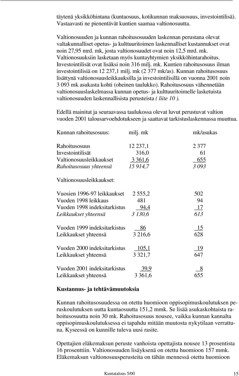 mk, josta valtionosuudet ovat noin 12,5 mrd. mk. Valtionosuuksiin lasketaan myös kuntayhtymien yksikköhintarahoitus. Investointilisät ovat lisäksi noin 316 milj. mk. Kuntien rahoitusosuus ilman investointilisiä on 12 237,1 milj.