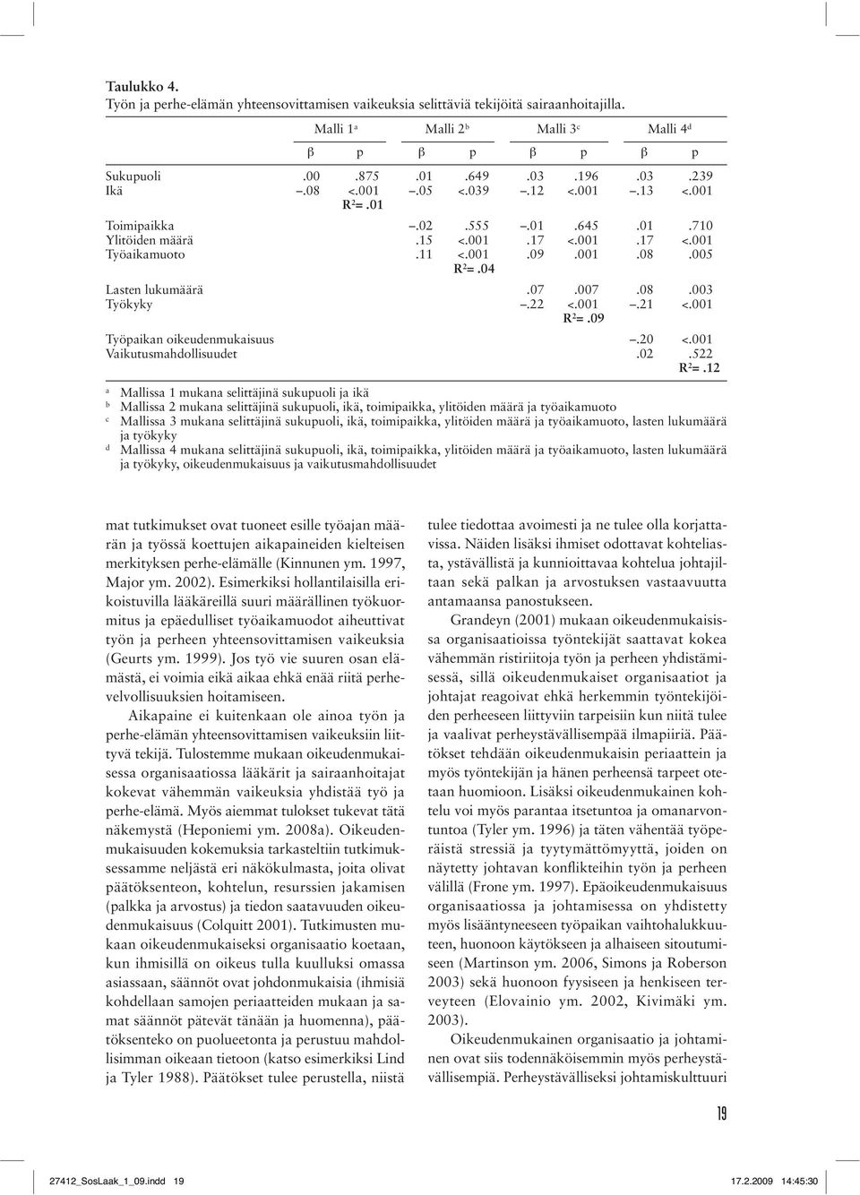 22 <.001.21 <.001 R 2 =.09 Työpaikan oikeudenmukaisuus.20 <.001 Vaikutusmahdollisuudet.02.522 R 2 =.