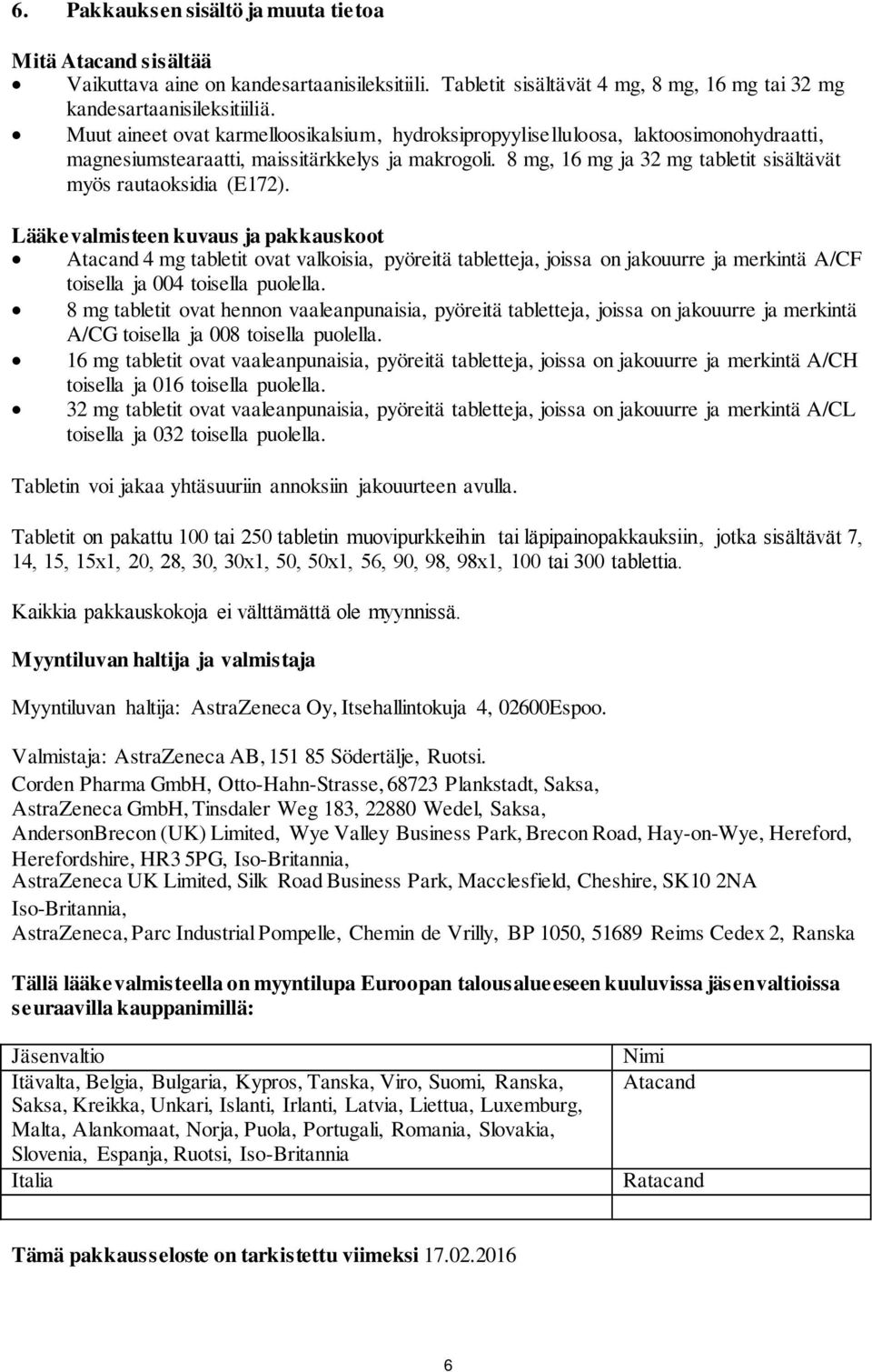 8 mg, 16 mg ja 32 mg tabletit sisältävät myös rautaoksidia (E172).