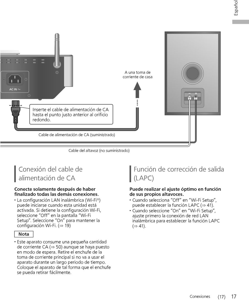 La configuración LAN inalámbrica (Wi-Fi ) puede iniciarse cuando esta unidad está activada. Si detiene la configuración Wi-Fi, seleccione Off en la pantalla Wi-Fi Setup.