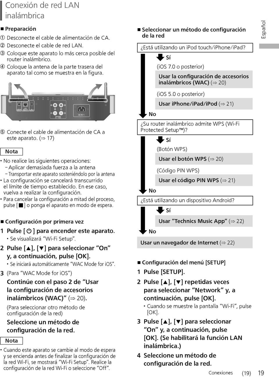 Sí (ios 7.0 o posterior) Usar la configuración de accesorios inalámbricos (WAC) ( 20) Conecte el cable de alimentación de CA a este aparato.