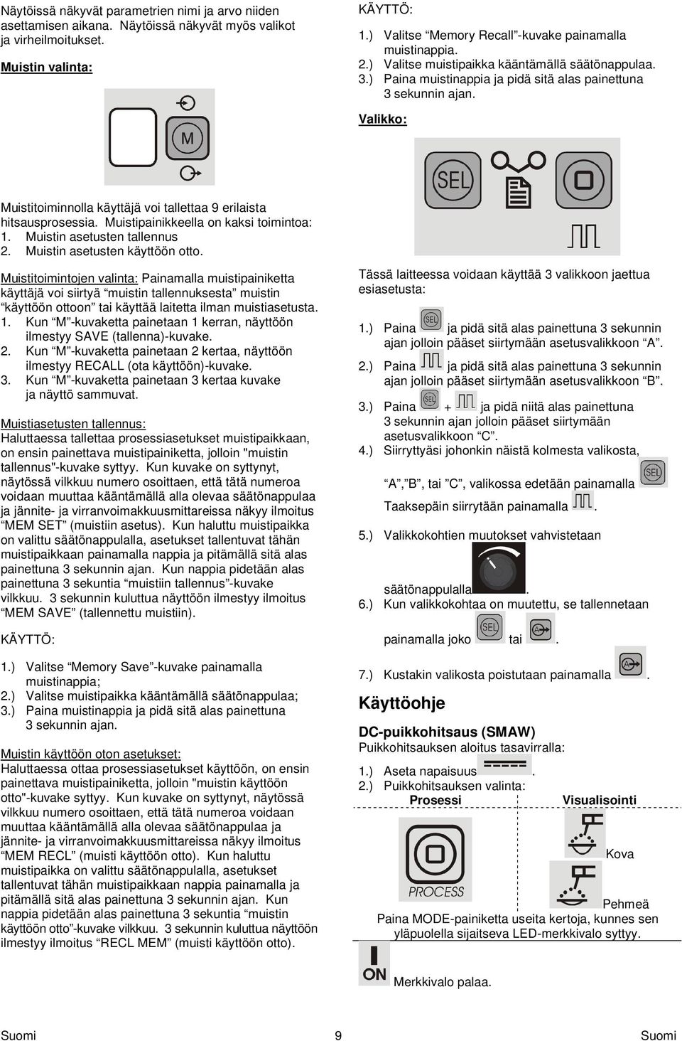 Valikko: Muistitoiminnolla käyttäjä voi tallettaa 9 erilaista hitsausprosessia. Muistipainikkeella on kaksi toimintoa: 1. Muistin asetusten tallennus 2. Muistin asetusten käyttöön otto.