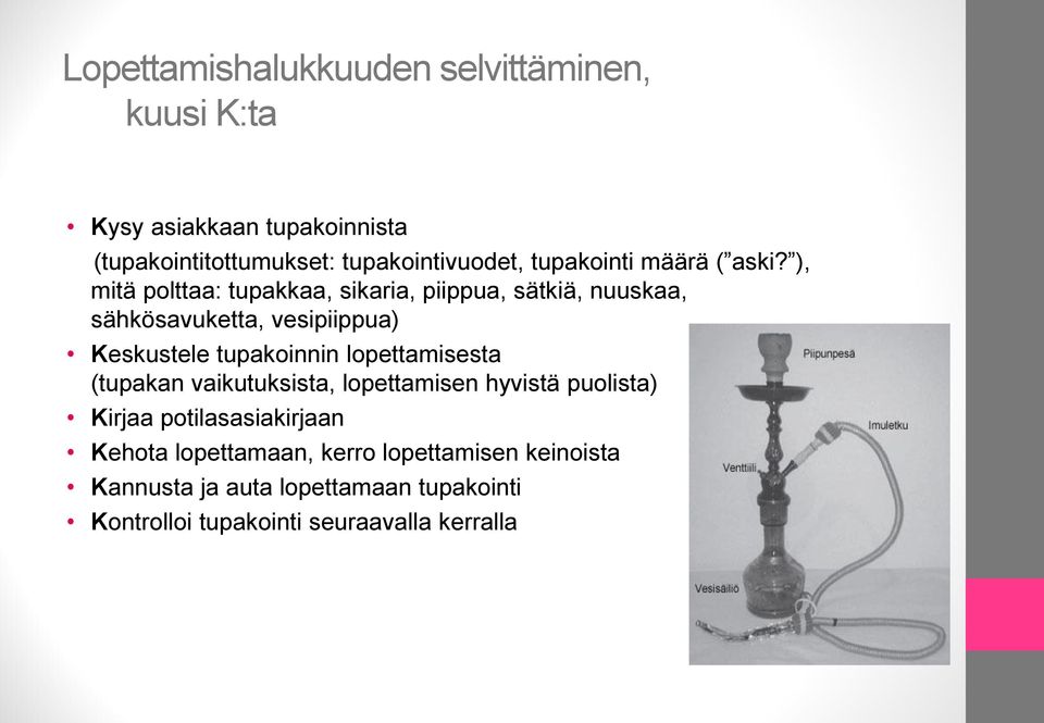 ), mitä polttaa: tupakkaa, sikaria, piippua, sätkiä, nuuskaa, sähkösavuketta, vesipiippua) Keskustele tupakoinnin