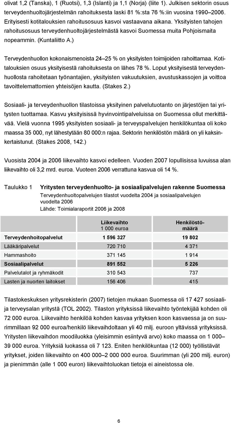 ) Terveydenhuollon kokonaismenoista 24 25 % on yksityisten toimijoiden rahoittamaa. Kotitalouksien osuus yksityisestä rahoituksesta on lähes 78 %.